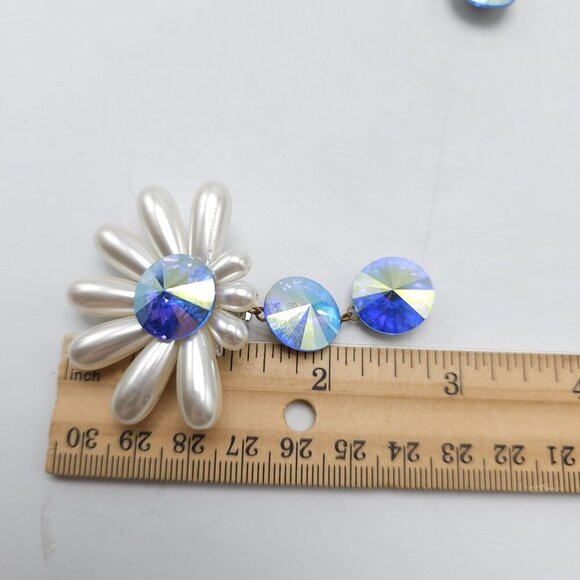 Vintage Faux Pearl Blue Iridescent Crystal Clip-On Dangle Earrings - Picture 5 of 5